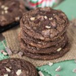 Chocolate Mint Cookies stack on brown napkin with title