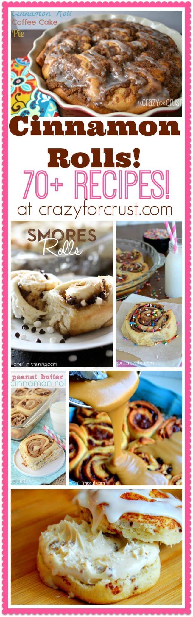 Pic collage of many cinnamon roll recipes with title