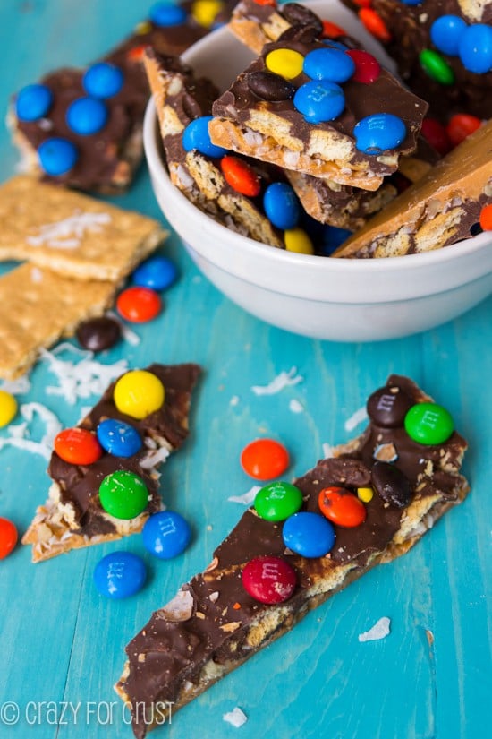 Overhead shot of Magic Bark Bark in a white bowl with title