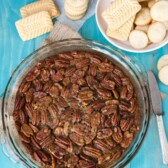 Overhead shot of pecan pie dip with title