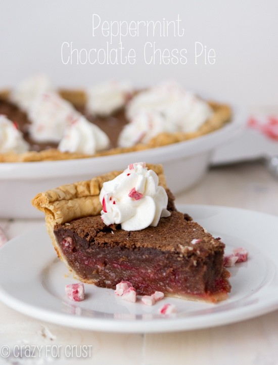 Peppermint chocolate chess pie on white plate with title