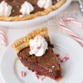 Peppermint chocolate chess pie overhead shot on white plate with title