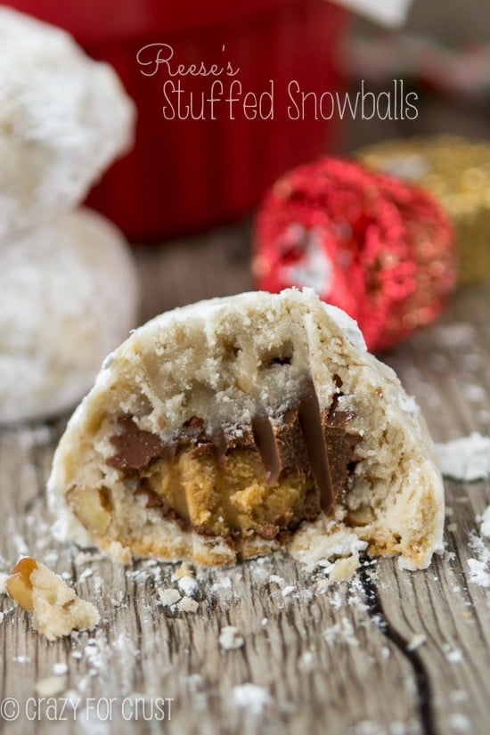 Reese's Stuffed Snowballs sliced in half with title