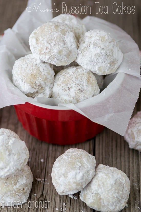 Russian Tea cakes in a red bowl with writing