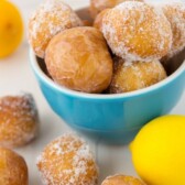 Easy Lemon Donut Holes in blue bowl with title