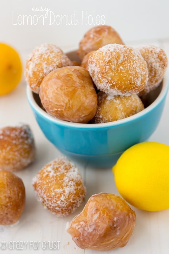Easy Lemon Donut Holes in blue bowl with title