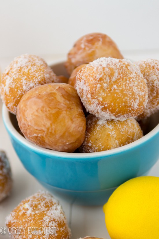 Easy Lemon Donut Holes in blue bowl 