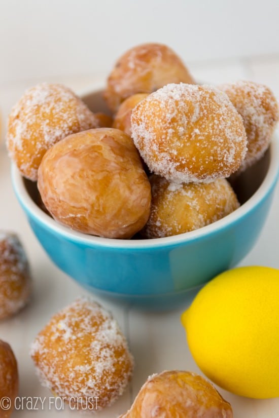 Easy Lemon Donut Holes in blue bowl 