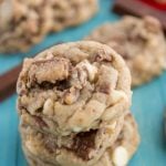 stack of cookies on teal board