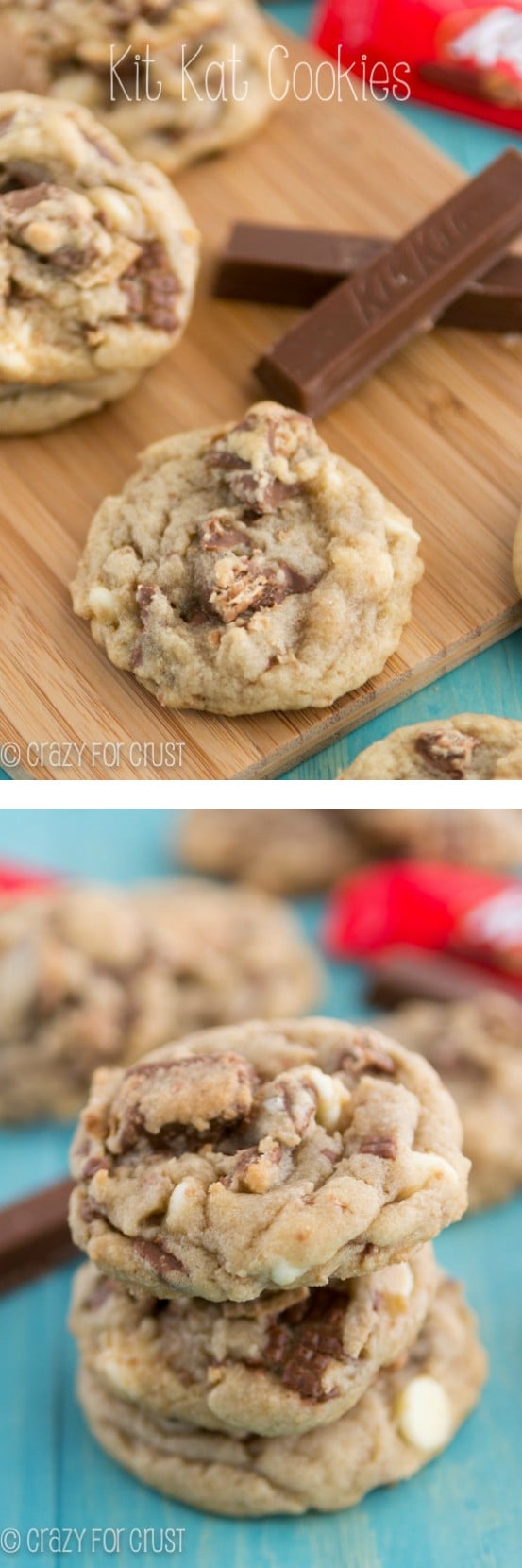 Photo collage of Kit Kat Cookies with kit kat candy and more cookies showing