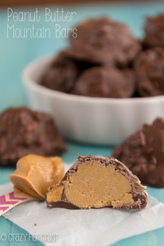 Peanut Butter Mountain Bars  in a white bowl with title