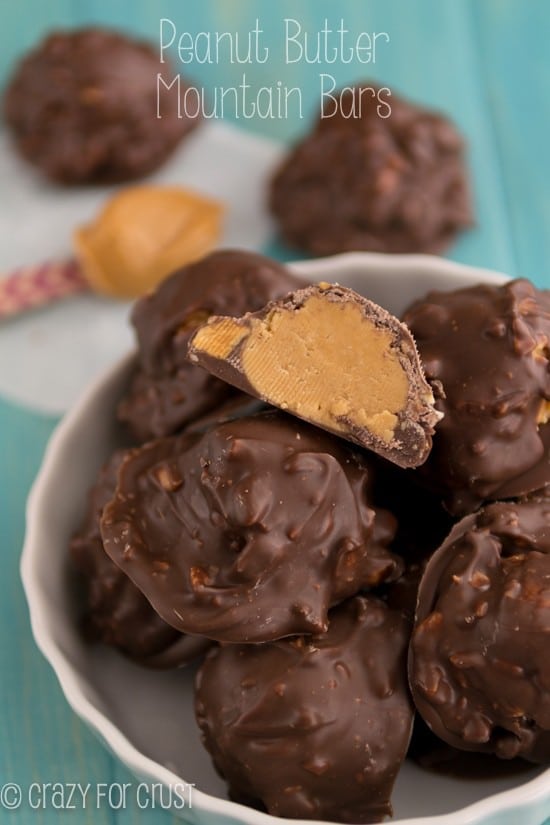 Peanut Butter Mountain Bars  in a white bowl with title