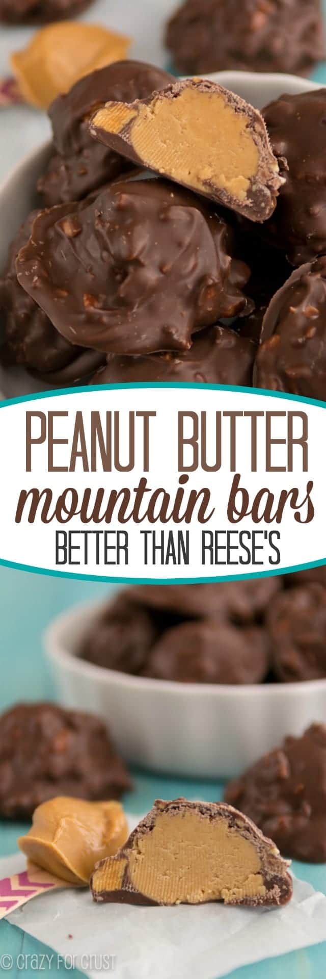 Pic collage of Peanut Butter Mountain Bars  in a white bowl with title