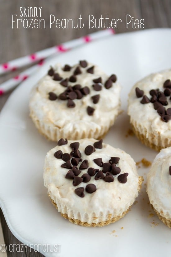 Skinny Frozen Peanut butter pies on a white plate with title