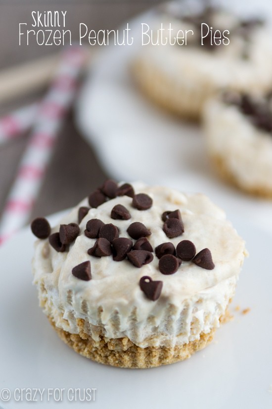 Close up shot of Skinny Frozen Peanut butter pies on a white plate with title