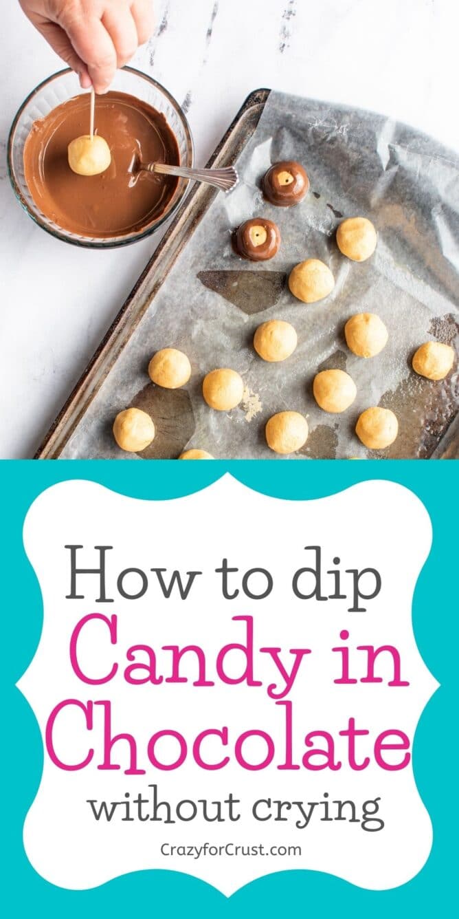 graphic saying how to dip chocolate with photo of truffles dipping in chocolate