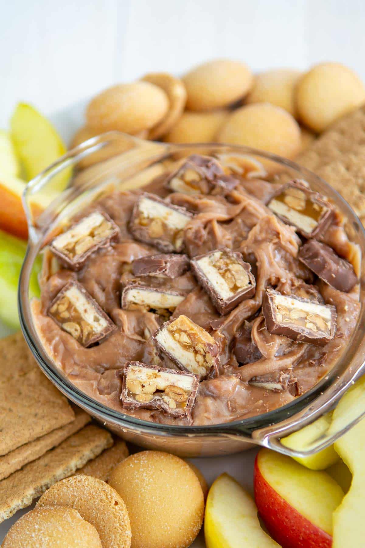 bowl of dip with snickers