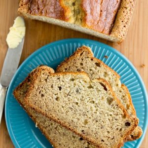 sliced banana bread on teal plate