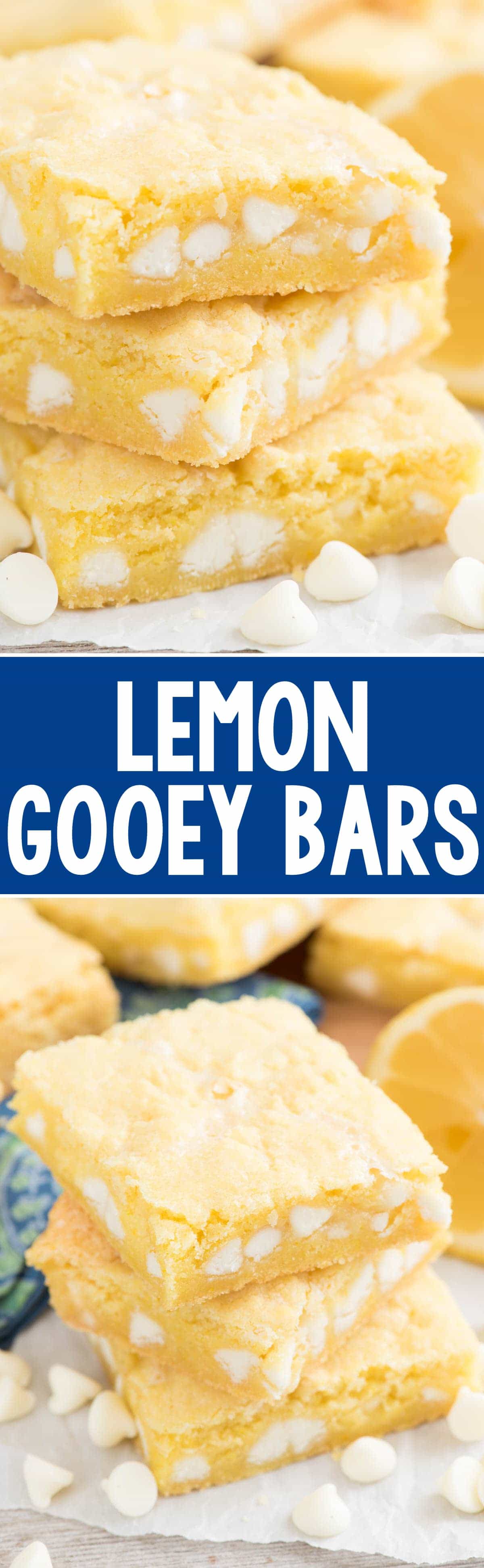 Pic collage of Lemon gooey bar stack on parchment paper with title