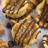mini pies filled with caramel and drizzled with chocolate