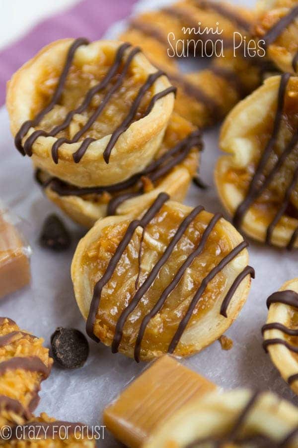 Overhead shot of Mini Samoa Pies with caramels, chocolate chips and samoa cookies