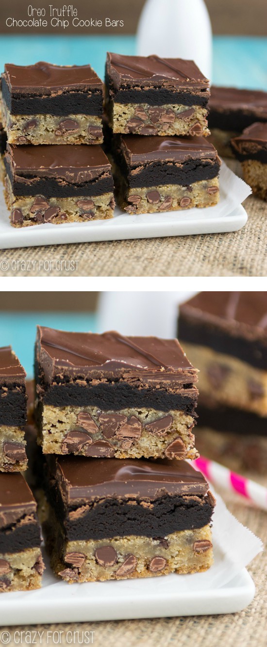 Photo collage showing Oreo Truffle Chocolate Chip Cookie Bars stacked on white plates