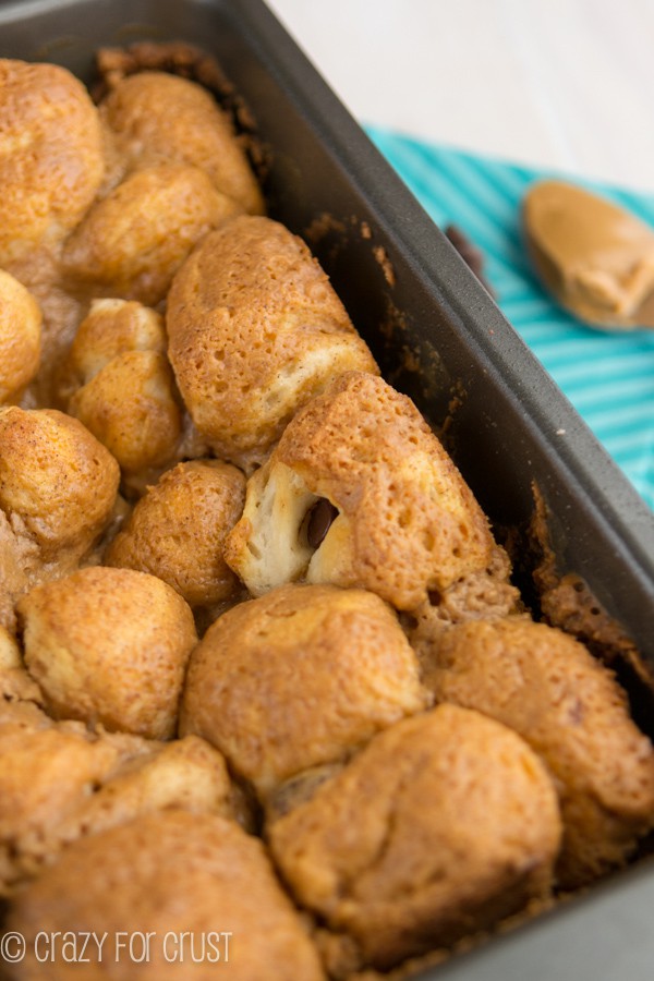 Overhead shot of {Chocolate Stuffed} Peanut Butter Monkey Bread in a loaf pan