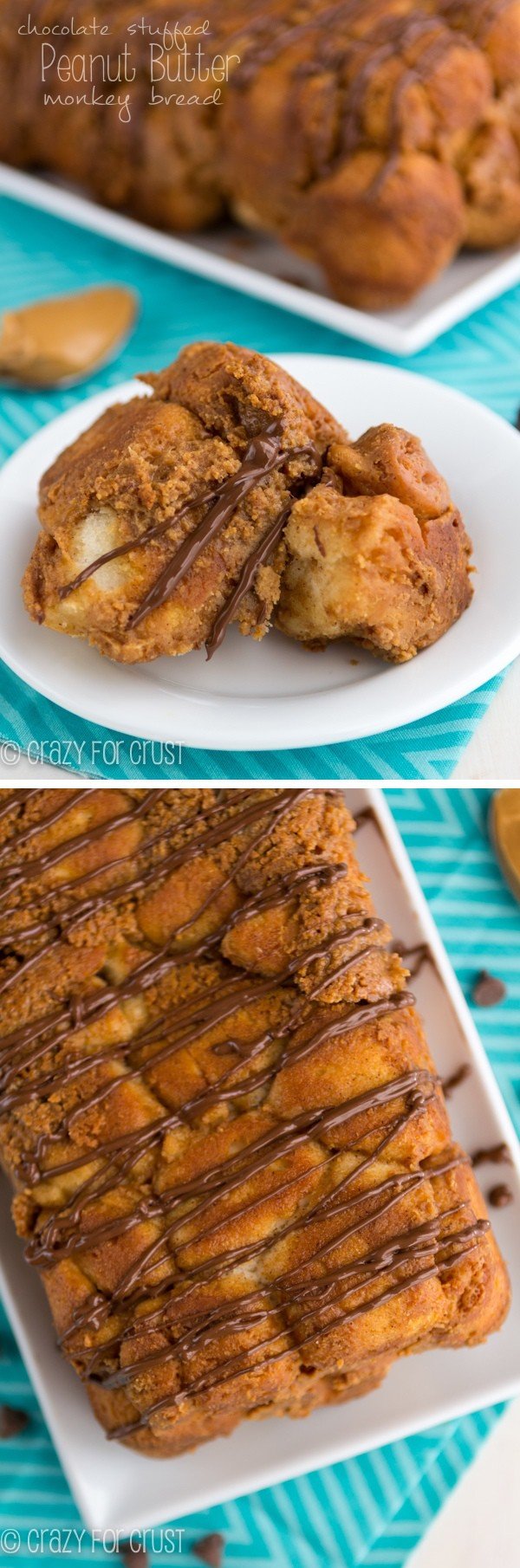 Photo collage of {Chocolate Stuffed} Peanut Butter Monkey Bread Loaf showing it as a full loaf and also on a white plate