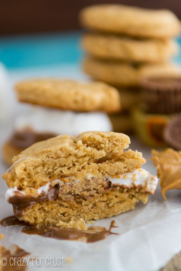 Reese's Peanut Butter Cookie S'mores cut in half to show marshmallow and chocolate filling