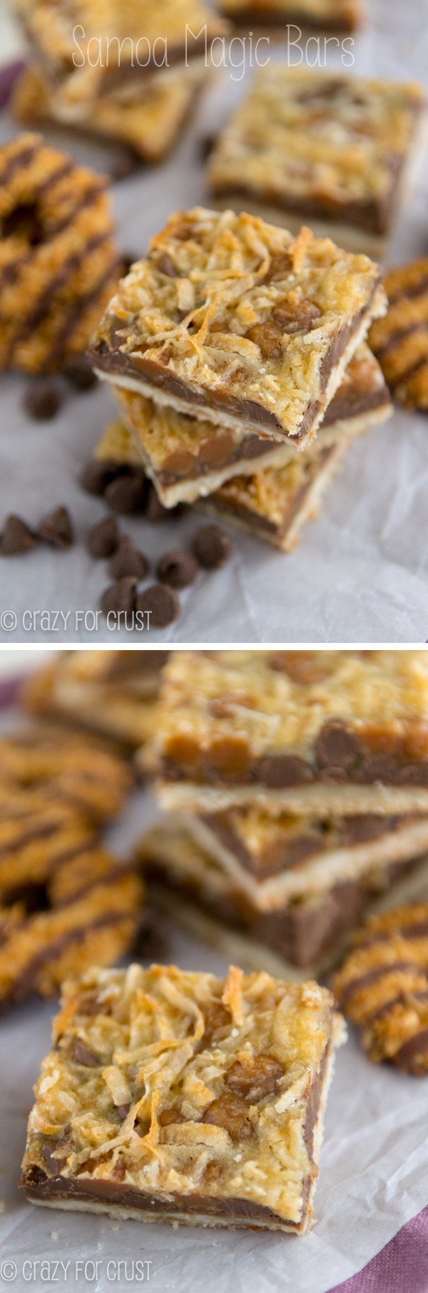 Collage of Samoa Magic Bars on white parchment paper