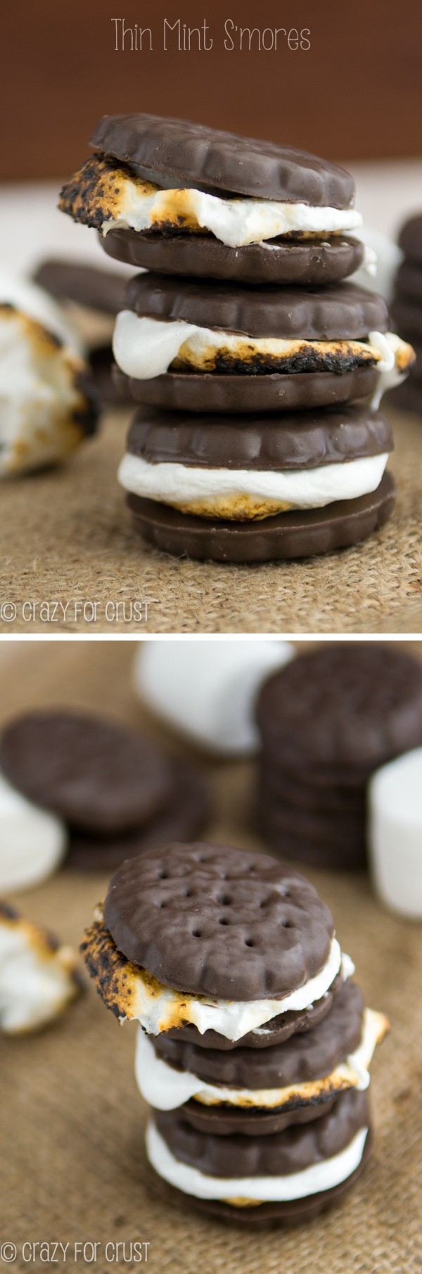 Photo collage showing Thin Mint S'mores stacked on eachother