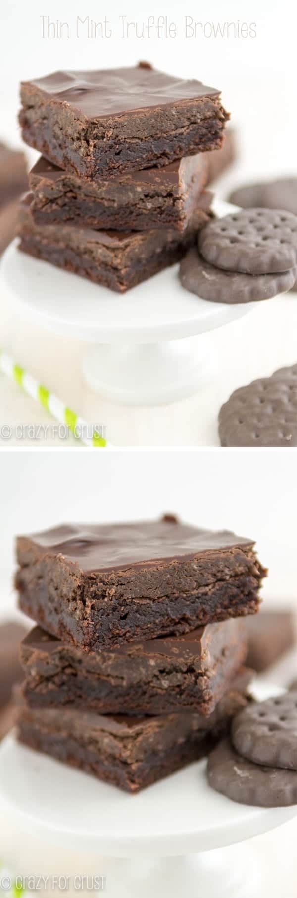 Photo collage of Thin Mint Truffle Brownies stacked on eachother with thin mint cookies next to them