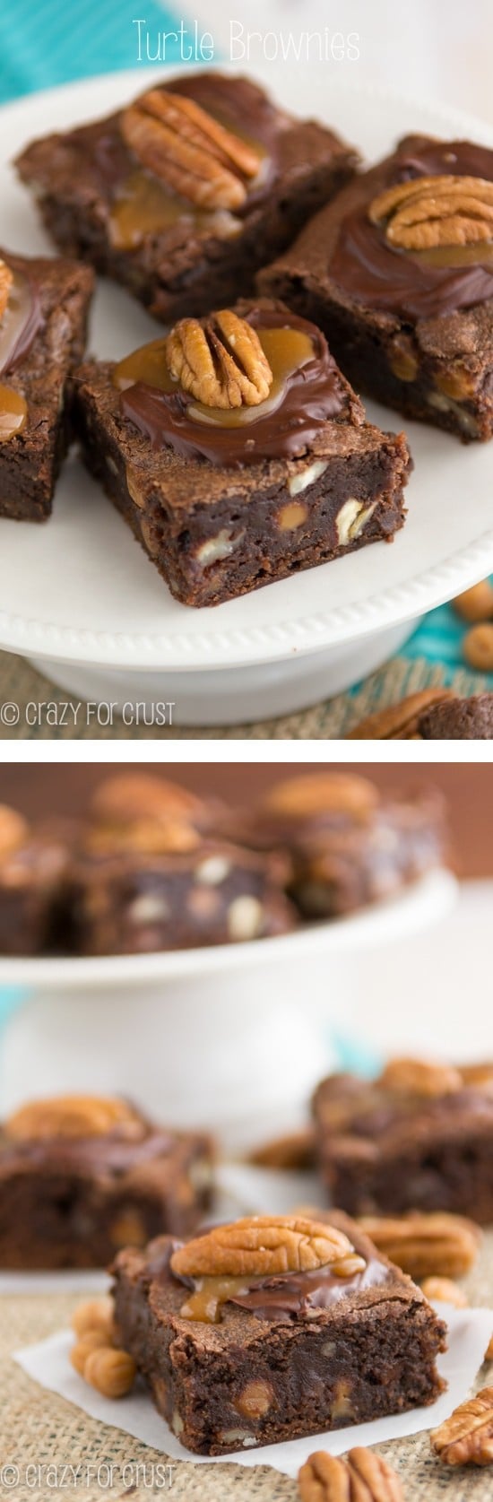 Photo collage showing turtle brownies on a white plate