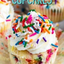 cupcake with sprinkles and frosting and words on photo