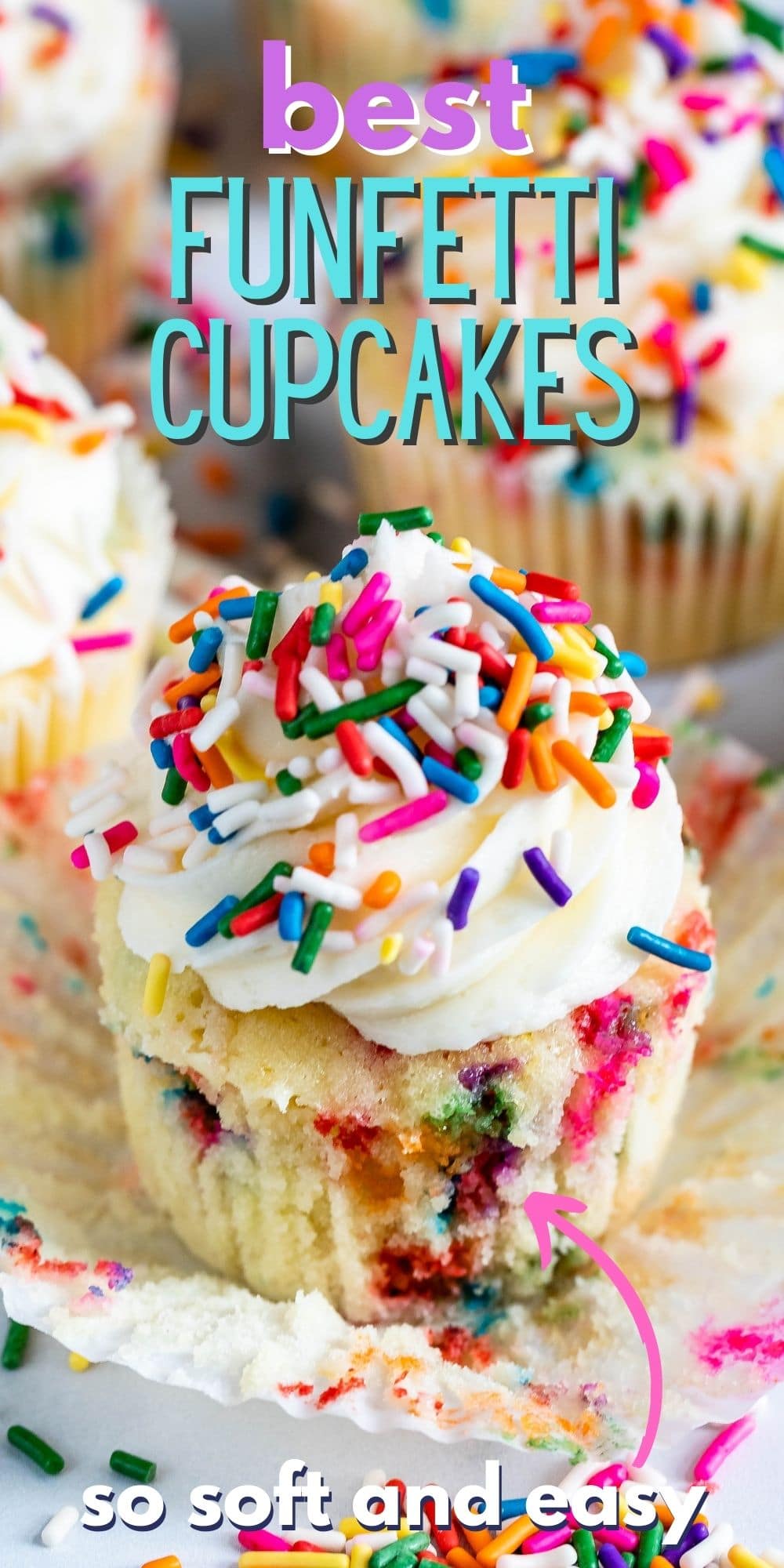 cupcake with sprinkles and frosting and words on photo