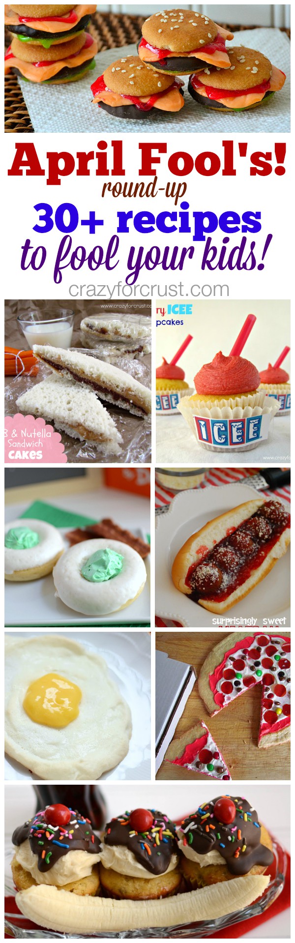 Collage of photos showing April Fool's Day recipes to fool your kids 
