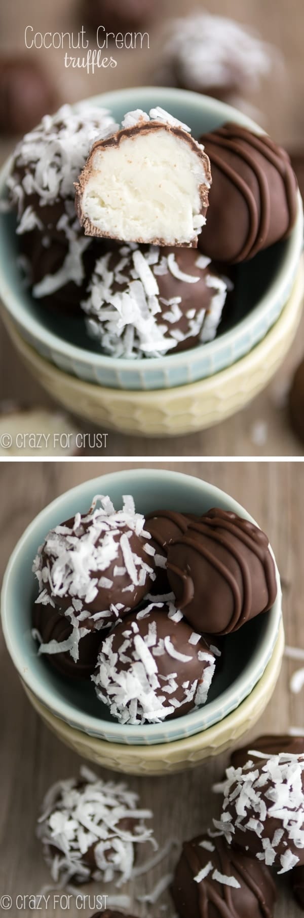Two photo collage of Coconut Cream truffles in blue and green bowls