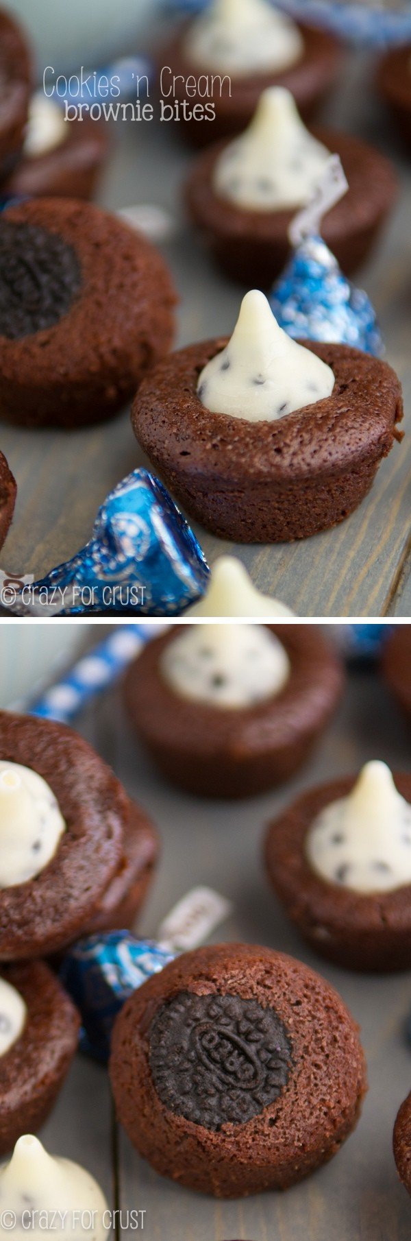 Cookies 'n Cream Brownie Bites | www.www.crazyforcrust.com | Brownie bites with an Oreo baked inside, topped with a cookies 'n cream Hershey's Kiss!