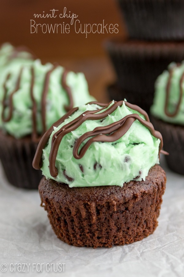 Closeup of Mint Chip Brownie Cupcake with more cupcakes not in focus in the background