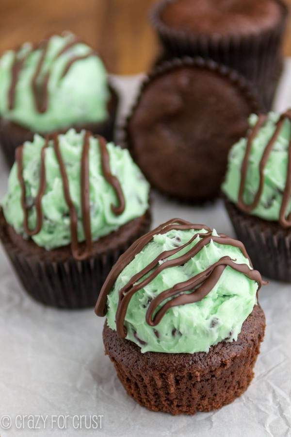 Group of Mint Chip Brownie Cupcakes some iced and some not