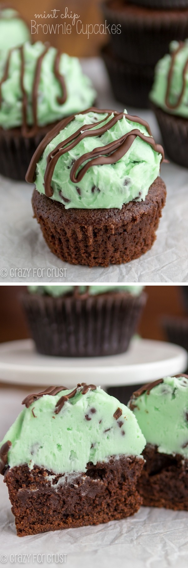 Photo collage of Mint Chip Brownie Cupcakes one is split in half to show center