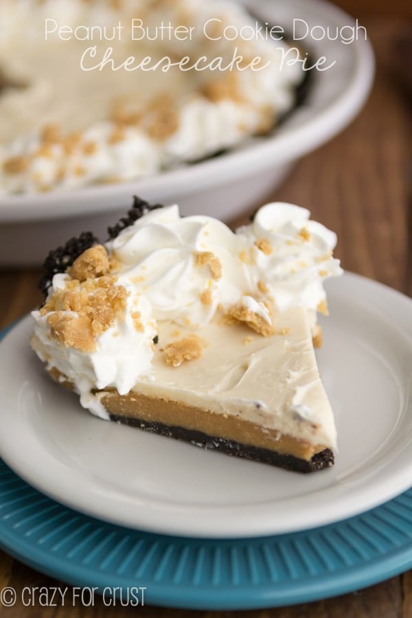 slice of peanut butter cookie dough cheesecake pie on white plate