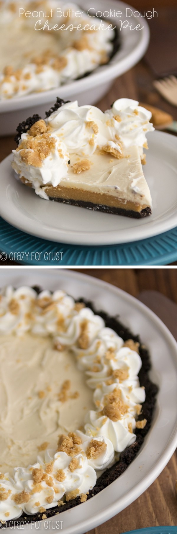 Two photo collage of Peanut Butter Cookie Dough Cheesecake Pie 