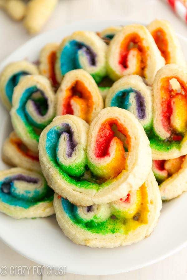 Rainbow Palmiers | www.crazyforcrust.com | A super easy treat for Sr. Patrick's Day using crescent rolls and colored sugars.