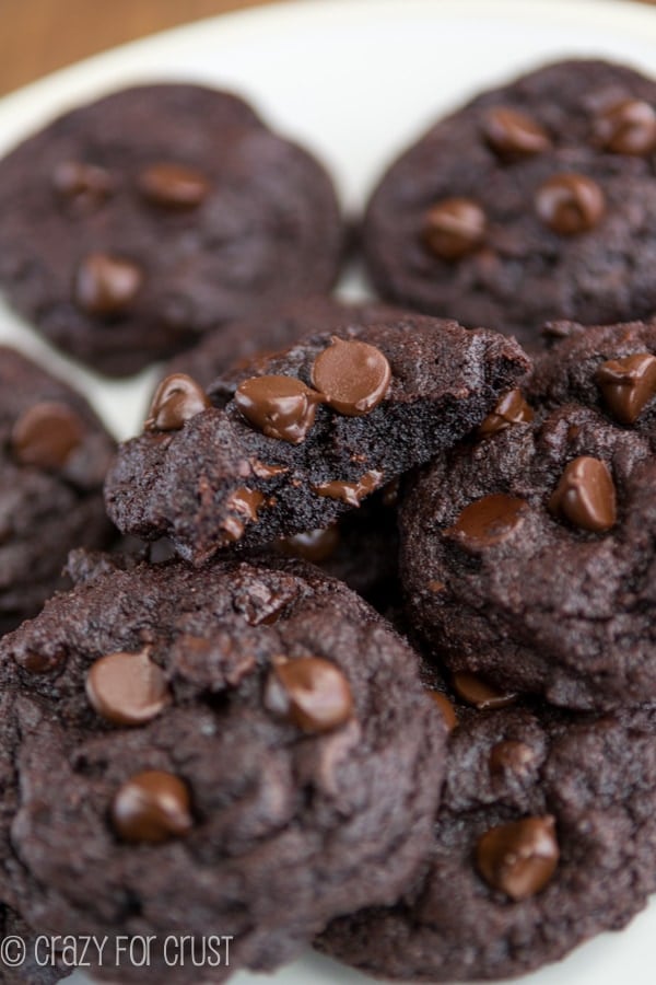 white plate with closup of chocolate pudding cookies