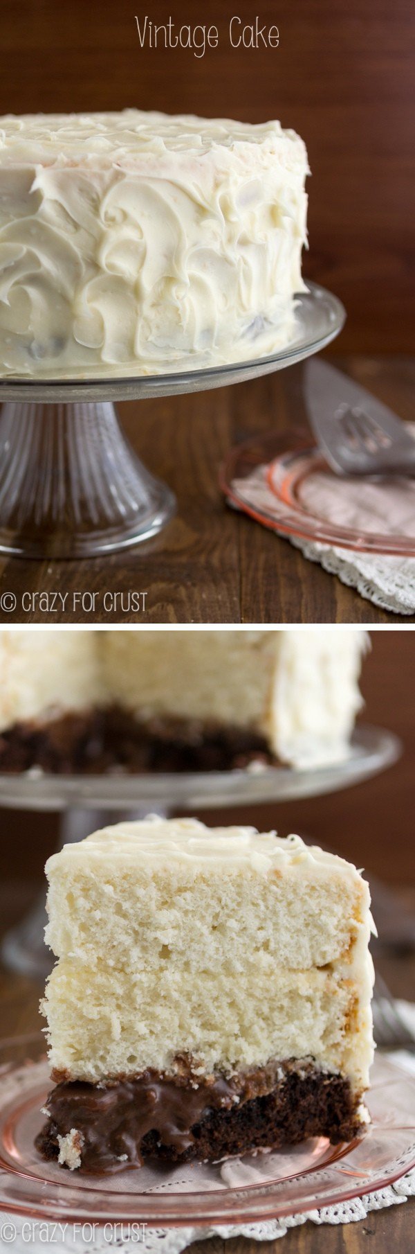 slice of cake with brownie layer and two white layers on pink plate