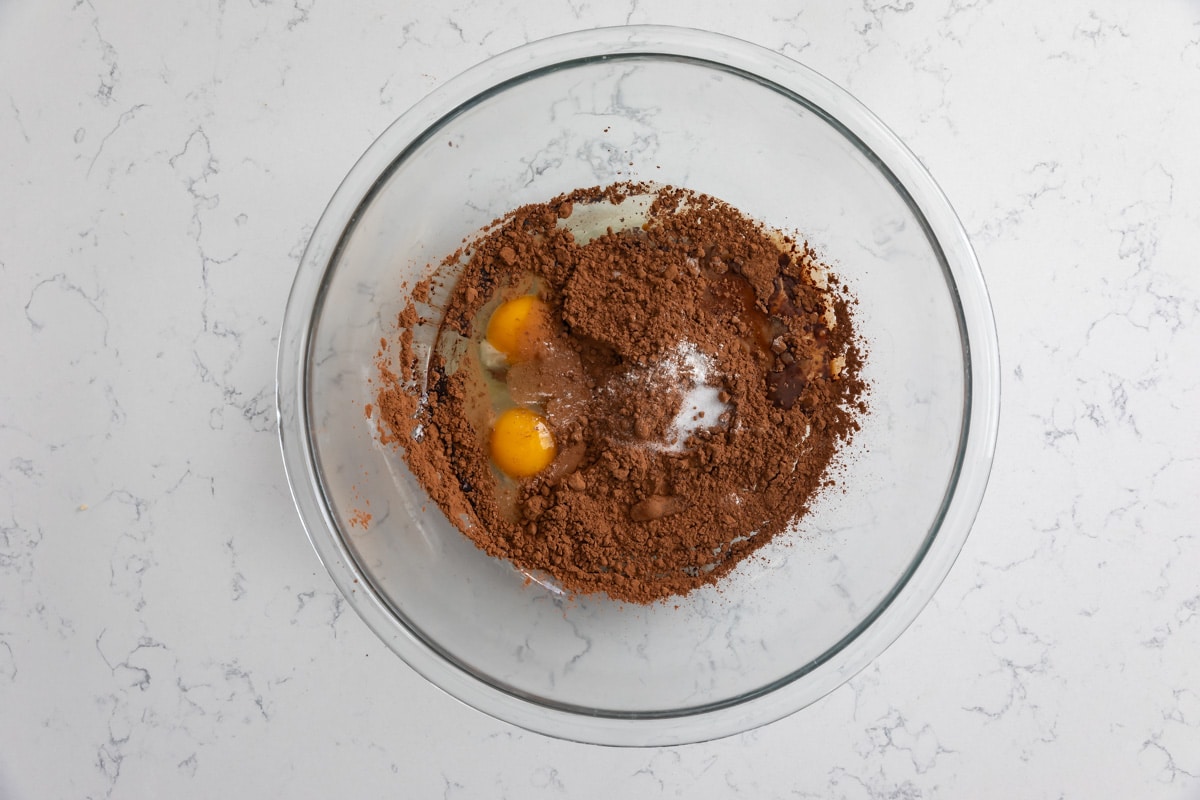 cocoa, sugar, eggs in large bowl