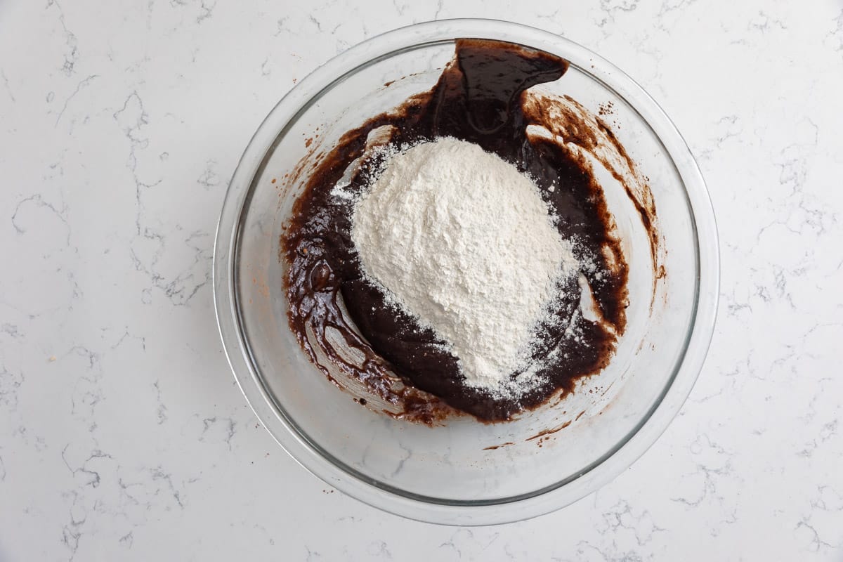 brownie batter with flour in large bowl