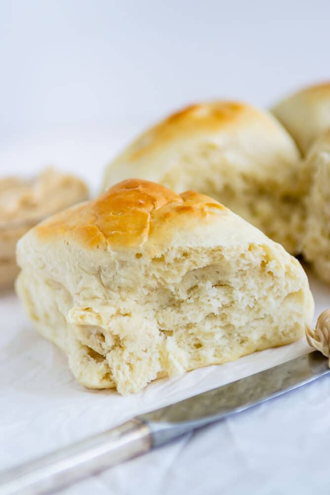 Small Batch 45 Minute Dinner Rolls | www.crazyforcrust.com | 4 dinner rolls on your table in under 45 minutes! Serve it up with maple butter! dinner roll close up