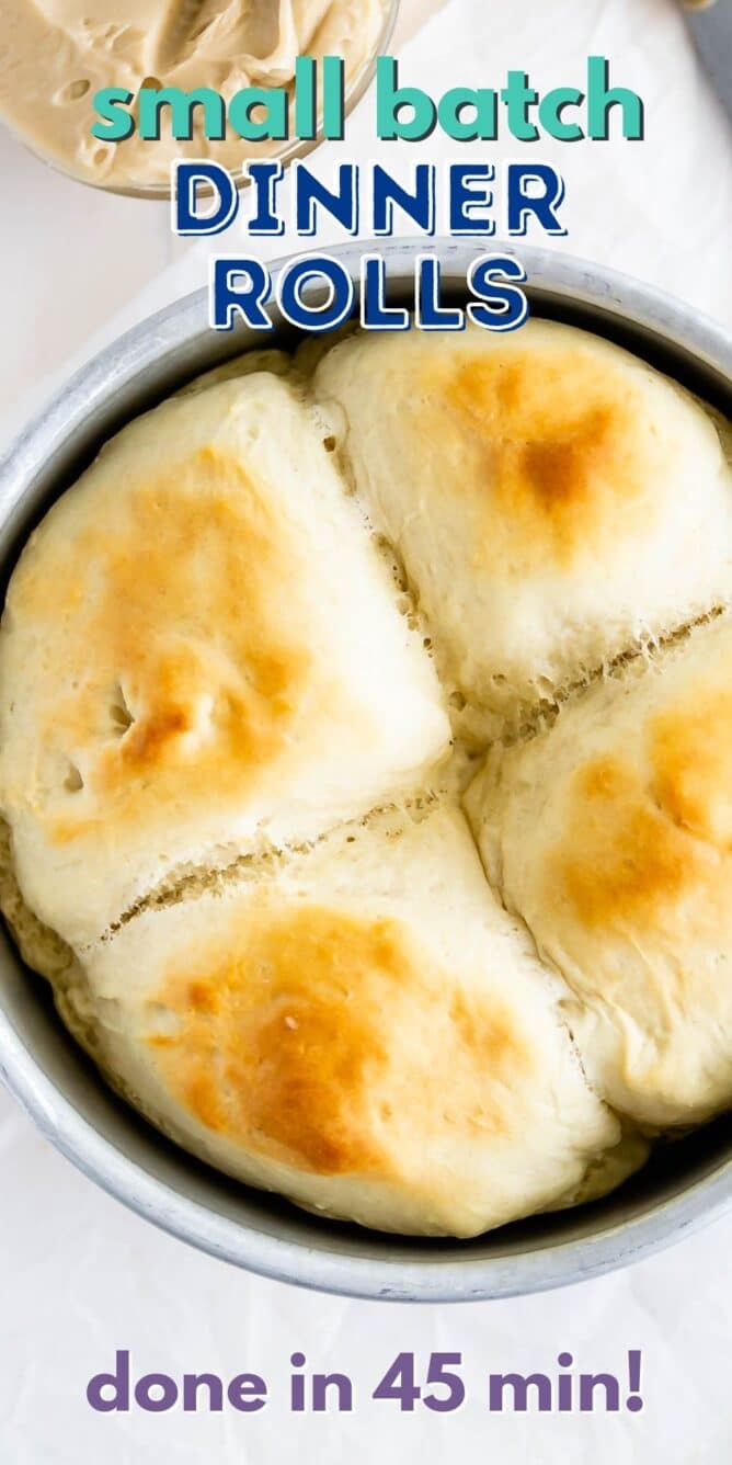 overhead shot of 4 dinner rolls in small cake pan